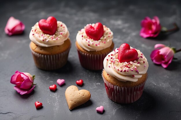 Valentines day greeting card with delicious sweet cupcakes and coffee cup on stone background Top view