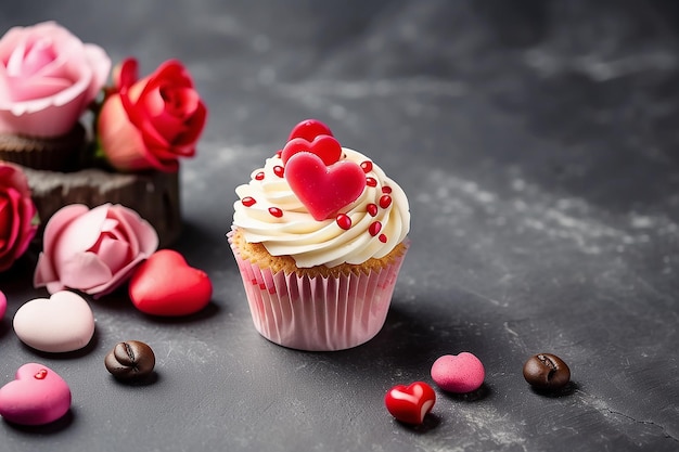 Valentines day greeting card with delicious sweet cupcakes and coffee cup on stone background Top view