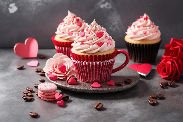 Valentines day greeting card with delicious sweet cupcakes and coffee cup on stone background Top view