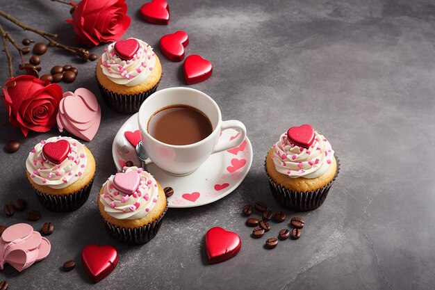 Valentines day greeting card with delicious sweet cupcakes and coffee cup on stone background top view