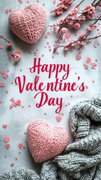 Valentines Day greeting card with pink knitted hearts scarf and flowers background