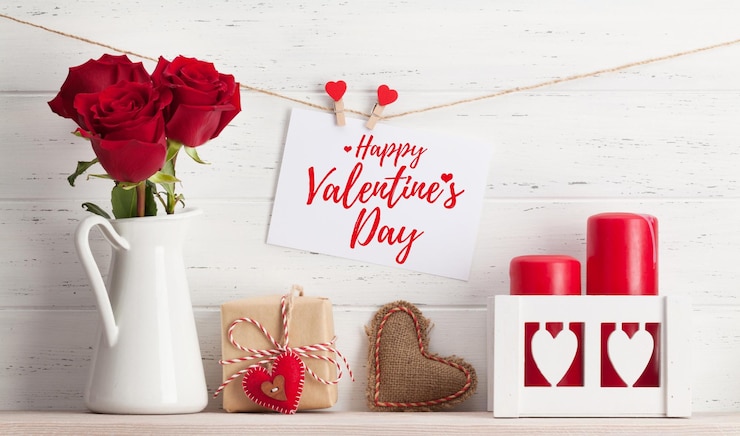 Photo valentines day greeting card with rose flowers and gift box on white wooden background