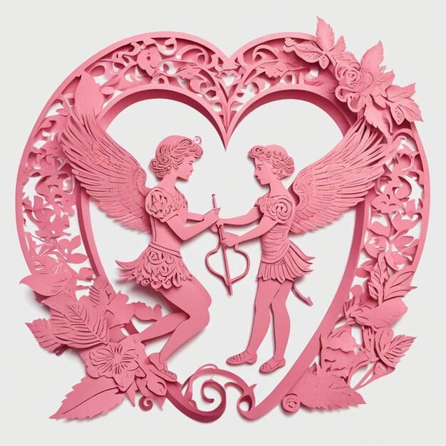 バレンタインデー2人のキューピッドが心の形をしたカード紙切りスタイルのイラスト