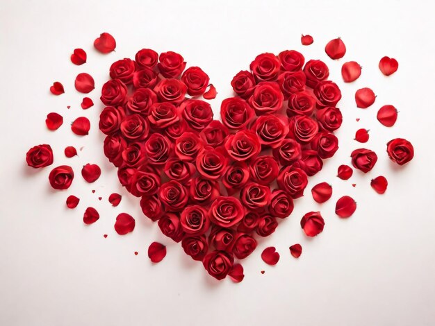 白い背景に赤いバラで作られたバレンタインデーハート