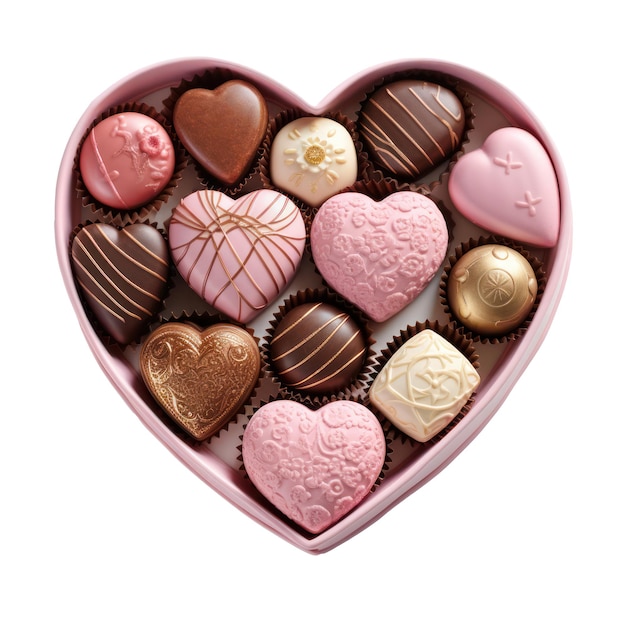 Valentines day heart shape chocolates in a box isolated on white transparent background top view