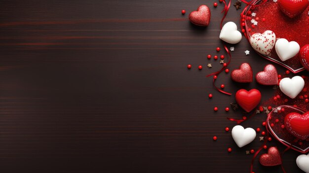 Valentines day heart shaped sweets on red background Top view with copy space