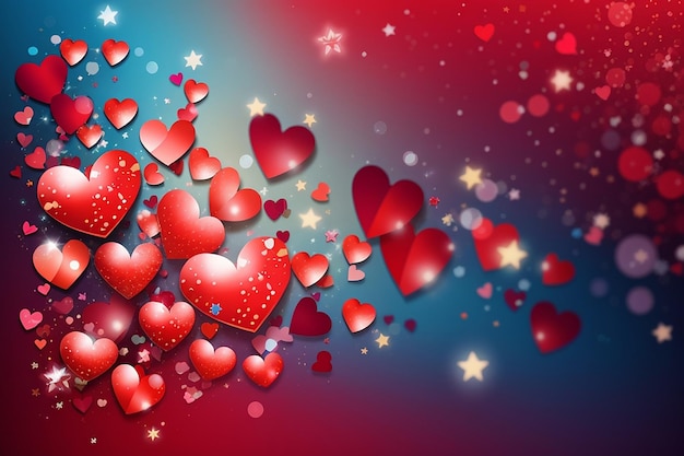 Valentines day hearts bokeh and stars on colorful and red background illustration