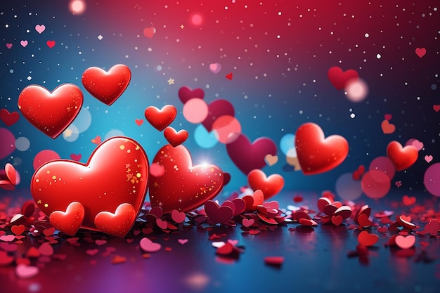 Valentines day hearts bokeh and stars on colorful and red background illustration