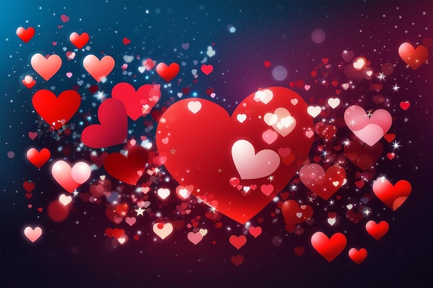 Valentines day hearts bokeh and stars on colorful and red background illustration