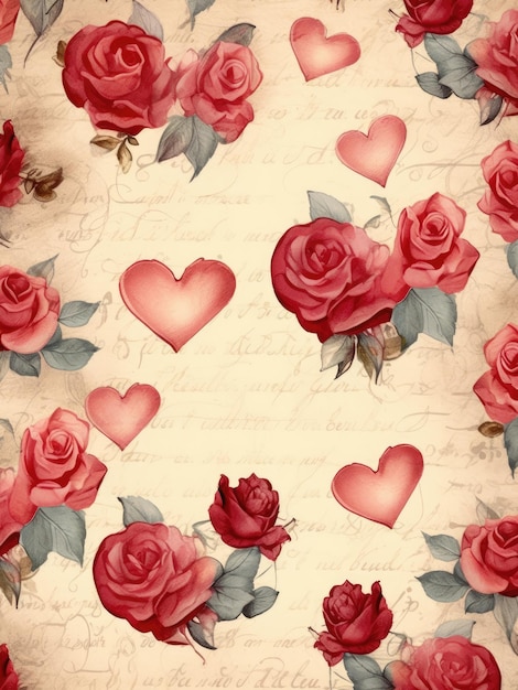 Valentines Day Hearts and Roses on Parchment Paper