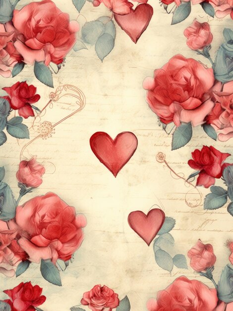 Valentines Day Hearts and Roses on Parchment Paper