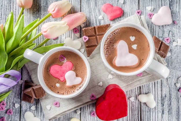 Valentines day hot chocolate with marshmallow hearts 