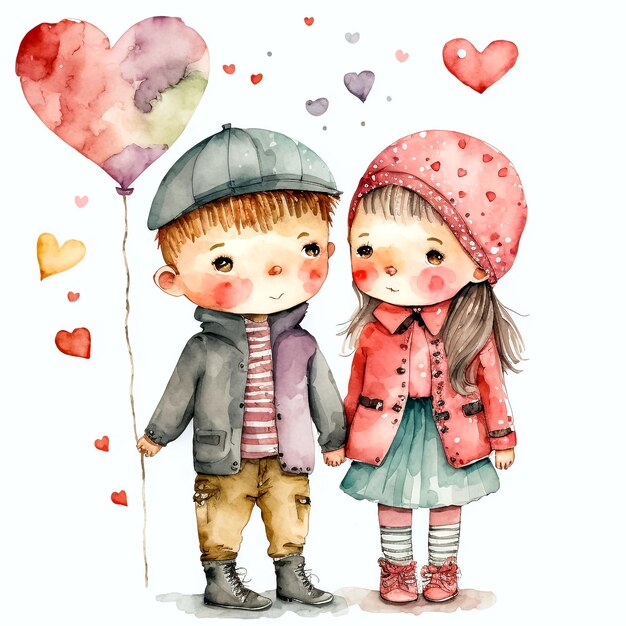 Valentines day illustration boy and girl holding hands heart balloon nursery art watercolor painting