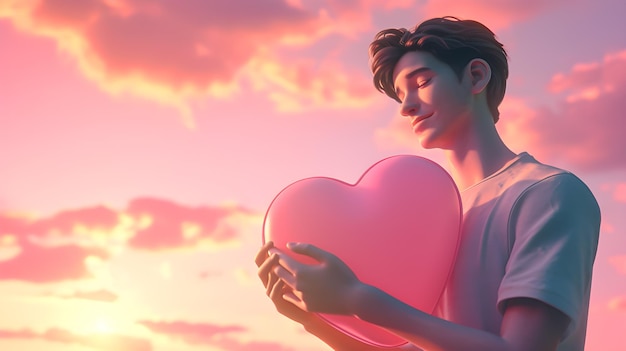 Valentines day illustration of a man holding big heart