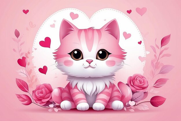 Valentines day illustration with cute pink cat on love background suitable for valentine invitation card greeting card and