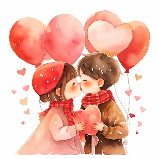 Valentines day kisses watercolor illustation style on white background