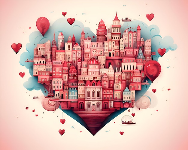 Valentines day love background with heart and city illustration