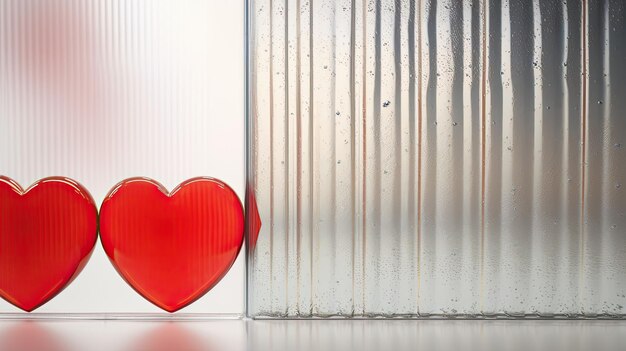 Valentines day minimalistic modern background red hearts corrugated glass effect wall