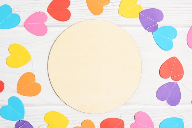 Valentines day mockup round sign with paper colorful hearts