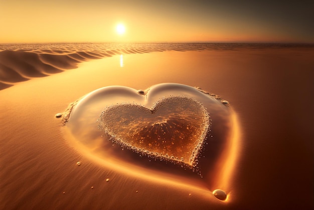 Фото День святого валентина на закате на пляже сердца, нарисованные в песочной любви концепция generative ai