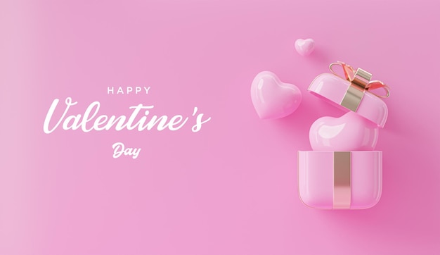 Confezione regalo rosa di san valentino e decorazione del cuore in rendering 3d di sfondo rosa