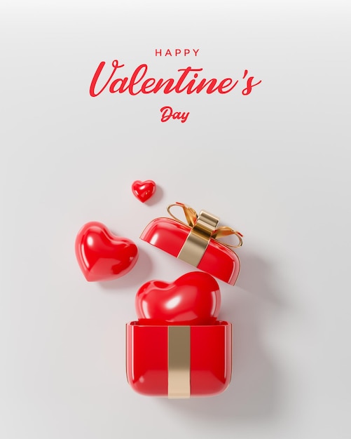 Valentines day pink gift box in red and white romantic background for social post 3d render