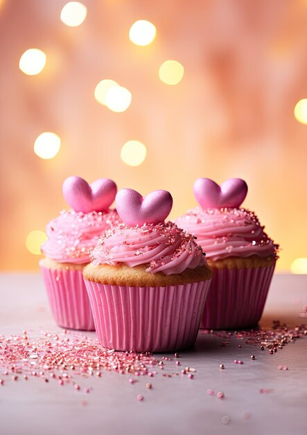 Photo valentines day pink home made cupcakes wirh pink and magenta hearts decoration