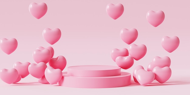 Valentines day pink podium or pedestal for products or advertising with heart shaped balloons 3d render