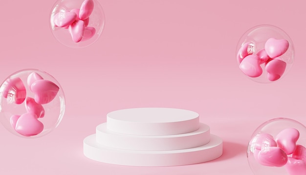 Valentines day pink podium or pedestal for products or advertising with heart shaped balloons 3d render