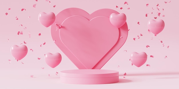 Valentines day pink podium or pedestal for products or advertising with heart shaped balloons and confetti 3d render