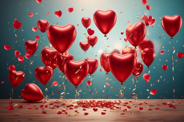 День святого Валентина Красные воздушные шары летают вокруг гелия и формируют сердца Фон с праздничными реалистичными 3D воздушными шарами с лентой Дизайн празднования с воздушным шаром золотым блеском конфети Векторная иллюстрация
