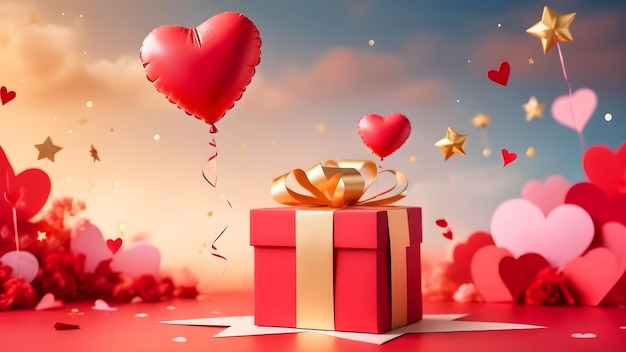 Valentines day red heart with gift box Illustration background