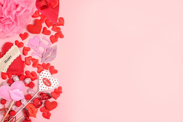 Valentines day red hearts on pink backgrounds