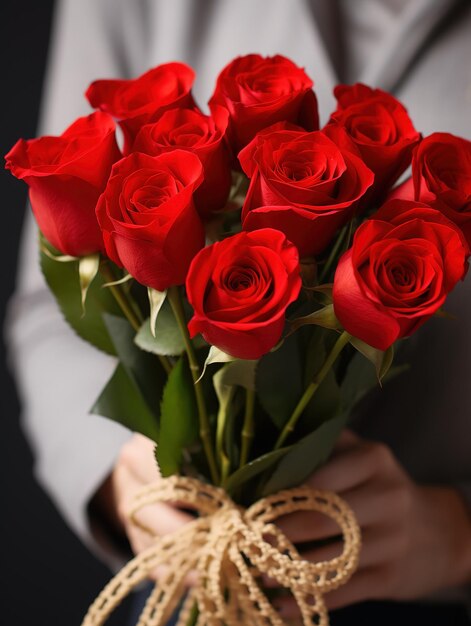 Valentines day red roses bouquet closeup