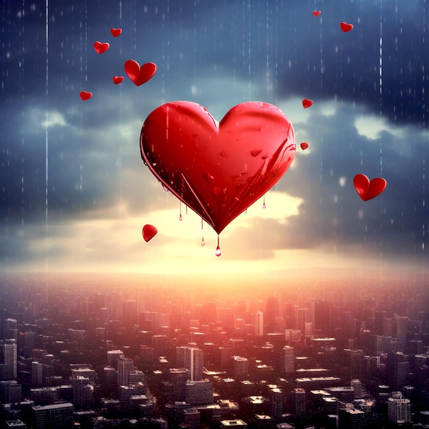 Романтическая погода на День святого Валентина с воздушным шаром в форме сердца, летящим в небе города