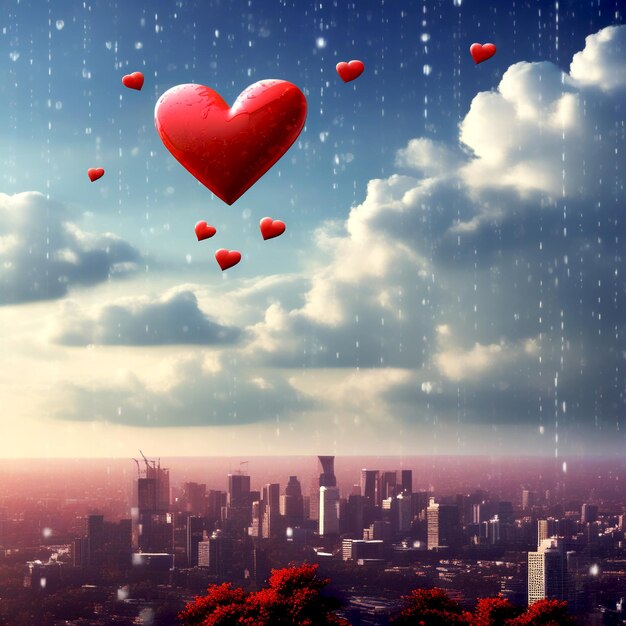 Valentines day romantic weather with heart balloon flying in the city sky