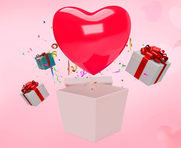 Valentines day sale with red heart and present box and pink hearts