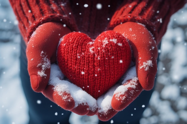 Photo valentines day sentiment hands in mittens shaping a snowy heart