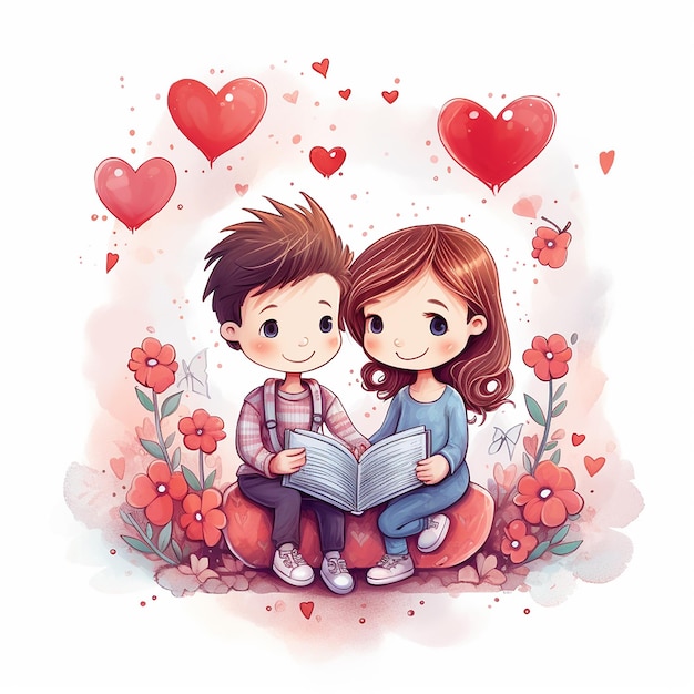 Valentines day set childrens book illustration style on white background