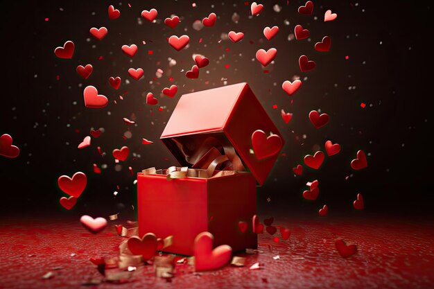 Valentines Day Surprise Open Gift Box with Hearts on a Light Background