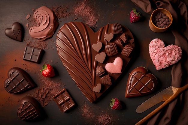 Valentines day sweets in shape of heart made of chocolate on table created with generative ai