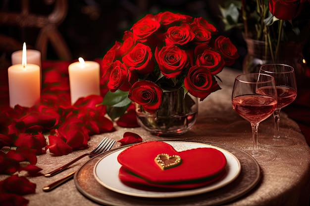 카페의 발렌타인 데이 테이블 장소 설정 로맨틱한 레스토랑 시간 초대