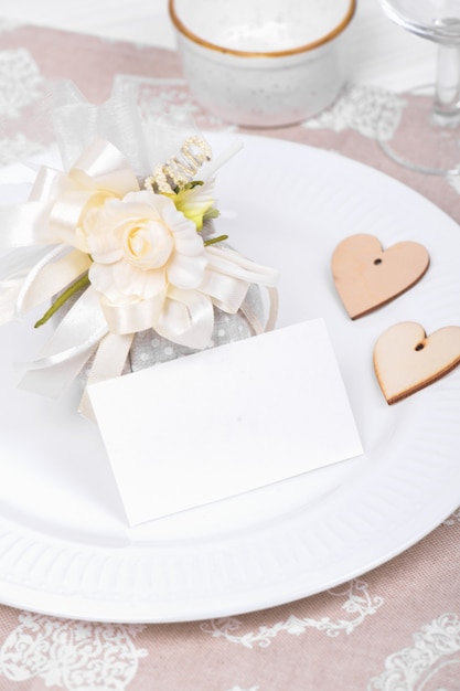 Valentines day table setting with gift and empty card for text, zero waste style