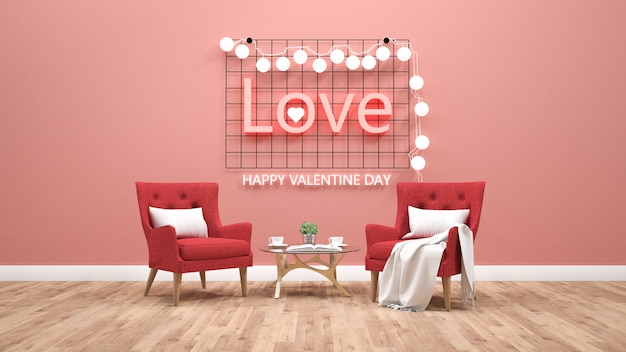 Photo valentines day theme with light text on wall. 3d rendering