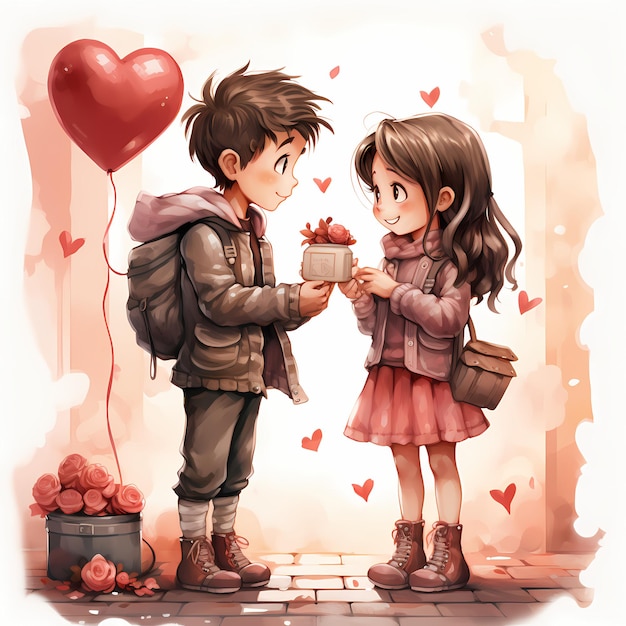 A Valentines Day themed clipart with kids exchanging