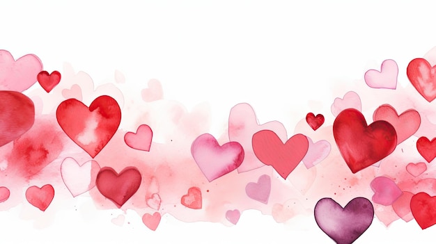 Photo valentines day watercolor background banner with copy space panorama backdrop with hearts