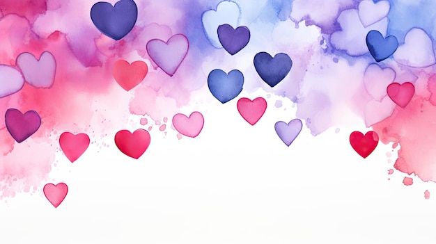Valentines day watercolor background banner with copy space panorama backdrop with hearts