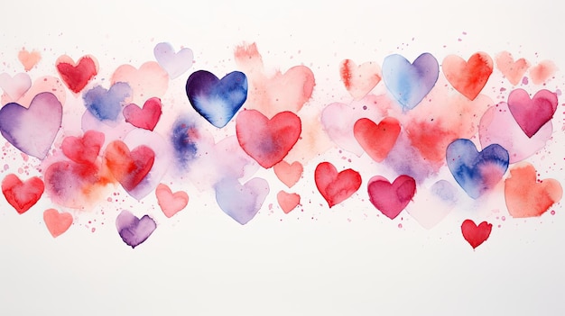 Photo valentines day watercolor background banner with copy space red purple hearts