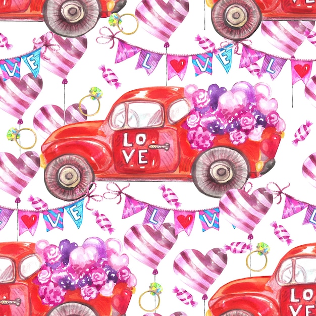 Valentines Day watercolor seamless pattern Red pickup trucks hearts flowers candies balloons