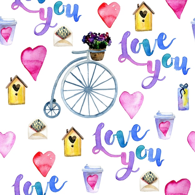 Valentines day watercolor seamless pattern with different elements